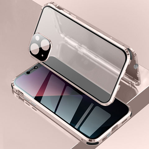 Coque Rebord Bumper Luxe Aluminum Metal Miroir 360 Degres Housse Etui Aimant pour Apple iPhone 14 Plus Or Rose