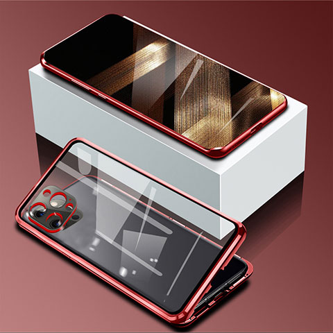 Coque Rebord Bumper Luxe Aluminum Metal Miroir 360 Degres Housse Etui Aimant pour Apple iPhone 14 Pro Max Rouge