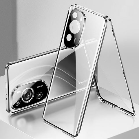 Coque Rebord Bumper Luxe Aluminum Metal Miroir 360 Degres Housse Etui Aimant pour Huawei P60 Art Argent