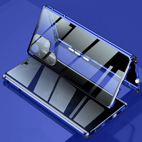Coque Rebord Bumper Luxe Aluminum Metal Miroir 360 Degres Housse Etui Aimant pour Samsung Galaxy S22 Ultra 5G Bleu