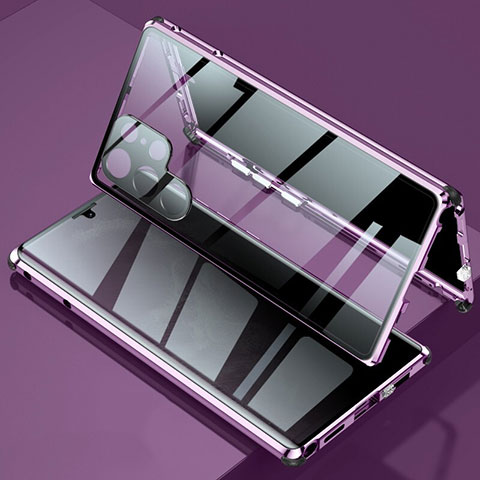 Coque Rebord Bumper Luxe Aluminum Metal Miroir 360 Degres Housse Etui Aimant pour Samsung Galaxy S22 Ultra 5G Violet