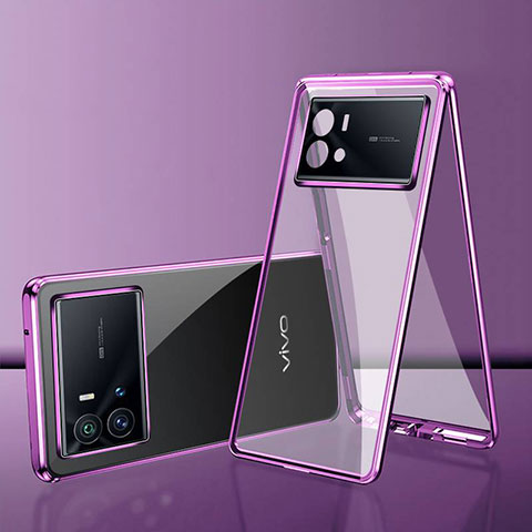 Coque Rebord Bumper Luxe Aluminum Metal Miroir 360 Degres Housse Etui Aimant pour Vivo iQOO 9 Pro 5G Violet