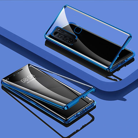 Coque Rebord Bumper Luxe Aluminum Metal Miroir 360 Degres Housse Etui Aimant pour Vivo Y50 Bleu