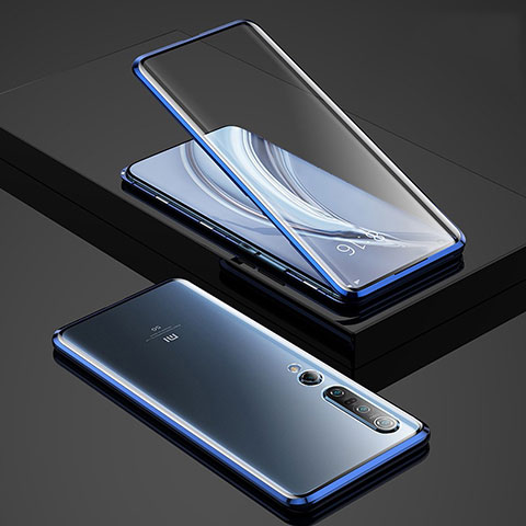 Coque Rebord Bumper Luxe Aluminum Metal Miroir 360 Degres Housse Etui Aimant pour Xiaomi Mi 10 Pro Bleu