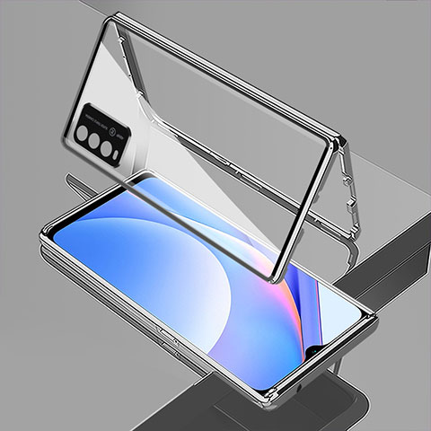 Coque Rebord Bumper Luxe Aluminum Metal Miroir 360 Degres Housse Etui Aimant pour Xiaomi Redmi 9T 4G Argent