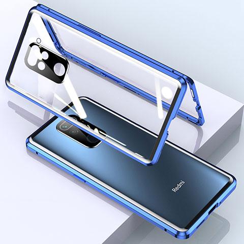 Coque Rebord Bumper Luxe Aluminum Metal Miroir 360 Degres Housse Etui Aimant pour Xiaomi Redmi Note 9 Bleu