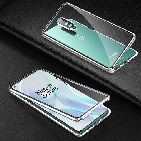 Coque Rebord Bumper Luxe Aluminum Metal Miroir 360 Degres Housse Etui Aimant T01 pour OnePlus 8 Argent