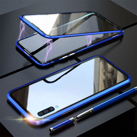Coque Rebord Bumper Luxe Aluminum Metal Miroir 360 Degres Housse Etui Aimant T02 pour Samsung Galaxy A70 Bleu
