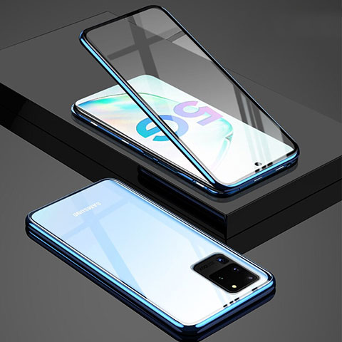 Coque Rebord Bumper Luxe Aluminum Metal Miroir 360 Degres Housse Etui Aimant T02 pour Samsung Galaxy S20 Ultra Bleu