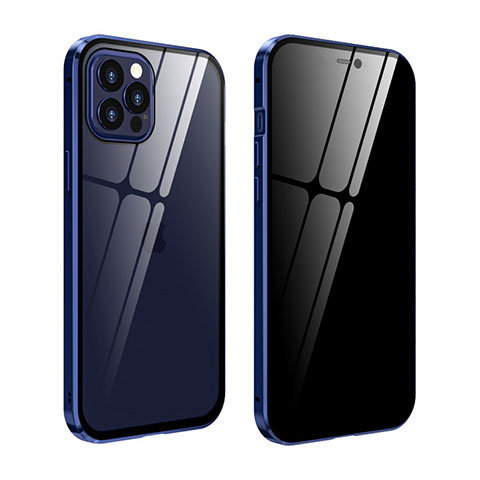 Coque Rebord Bumper Luxe Aluminum Metal Miroir 360 Degres Housse Etui Aimant T05 pour Apple iPhone 12 Pro Bleu Royal