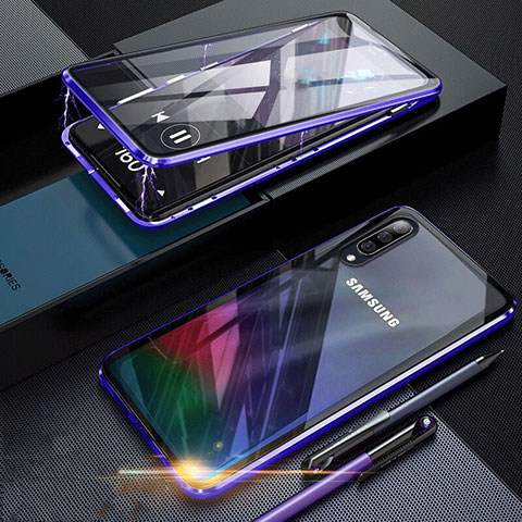 Coque Rebord Bumper Luxe Aluminum Metal Miroir 360 Degres Housse Etui pour Samsung Galaxy A70 Bleu