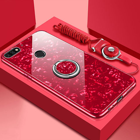 Coque Rebord Contour Silicone et Vitre Miroir Housse Etui avec Support Bague Anneau Magnetique M01 pour Huawei Y6 Prime (2018) Rouge