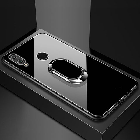Coque Rebord Contour Silicone et Vitre Miroir Housse Etui avec Support Bague Anneau Magnetique pour Huawei Honor 8X Noir