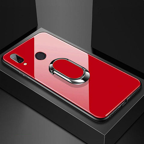 Coque Rebord Contour Silicone et Vitre Miroir Housse Etui avec Support Bague Anneau Magnetique pour Huawei Nova 3e Rouge