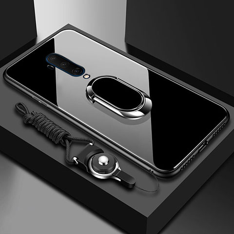 Coque Rebord Contour Silicone et Vitre Miroir Housse Etui avec Support Bague Anneau Magnetique pour OnePlus 7T Pro 5G Noir