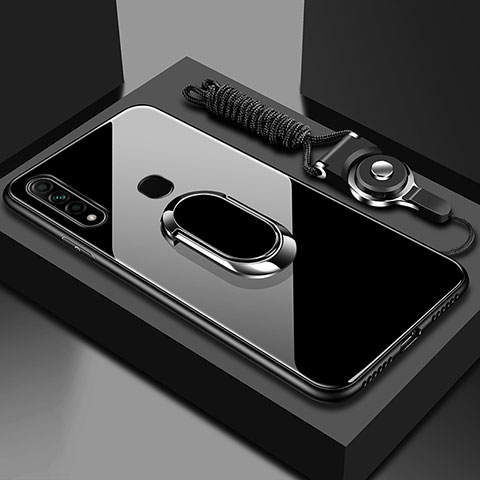Coque Rebord Contour Silicone et Vitre Miroir Housse Etui avec Support Bague Anneau Magnetique pour Oppo A8 Noir