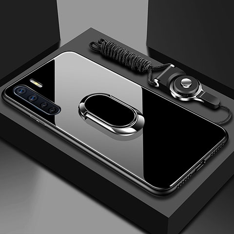 Coque Rebord Contour Silicone et Vitre Miroir Housse Etui avec Support Bague Anneau Magnetique pour Oppo A91 Noir