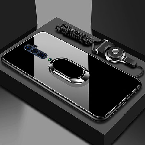 Coque Rebord Contour Silicone et Vitre Miroir Housse Etui avec Support Bague Anneau Magnetique pour Oppo Reno 10X Zoom Noir