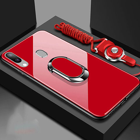 Coque Rebord Contour Silicone et Vitre Miroir Housse Etui avec Support Bague Anneau Magnetique pour Samsung Galaxy A30 Rouge