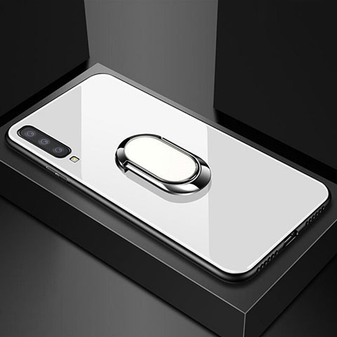 Coque Rebord Contour Silicone et Vitre Miroir Housse Etui avec Support Bague Anneau Magnetique pour Samsung Galaxy A70 Blanc
