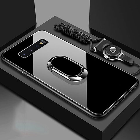 Coque Rebord Contour Silicone et Vitre Miroir Housse Etui avec Support Bague Anneau Magnetique pour Samsung Galaxy S10 5G Noir