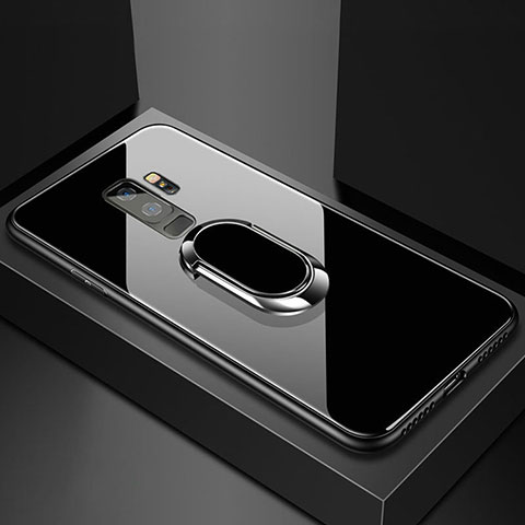 Coque Rebord Contour Silicone et Vitre Miroir Housse Etui avec Support Bague Anneau Magnetique pour Samsung Galaxy S9 Plus Noir