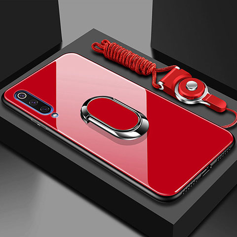 Coque Rebord Contour Silicone et Vitre Miroir Housse Etui avec Support Bague Anneau Magnetique pour Xiaomi CC9e Rouge