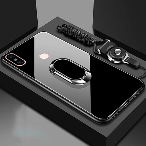 Coque Rebord Contour Silicone et Vitre Miroir Housse Etui avec Support Bague Anneau Magnetique pour Xiaomi Mi 6X Noir