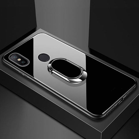 Coque Rebord Contour Silicone et Vitre Miroir Housse Etui avec Support Bague Anneau Magnetique pour Xiaomi Mi 8 Noir