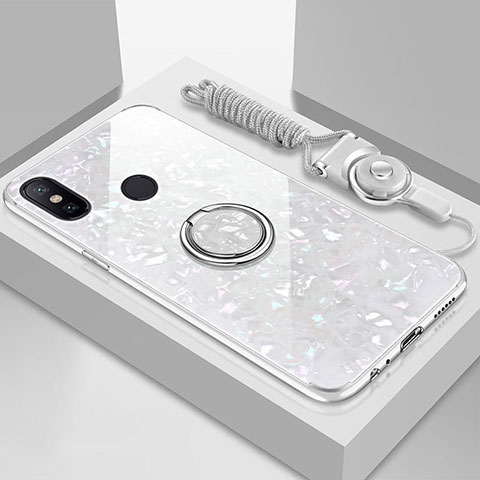 Coque Rebord Contour Silicone et Vitre Miroir Housse Etui avec Support Bague Anneau Magnetique pour Xiaomi Mi A2 Lite Blanc
