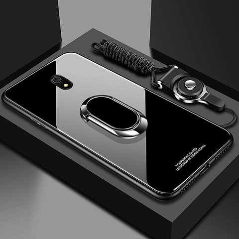 Coque Rebord Contour Silicone et Vitre Miroir Housse Etui avec Support Bague Anneau Magnetique pour Xiaomi Redmi 8A Noir