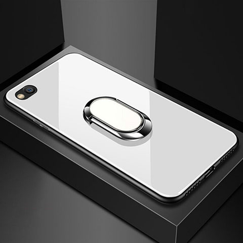 Coque Rebord Contour Silicone et Vitre Miroir Housse Etui avec Support Bague Anneau Magnetique pour Xiaomi Redmi Go Blanc
