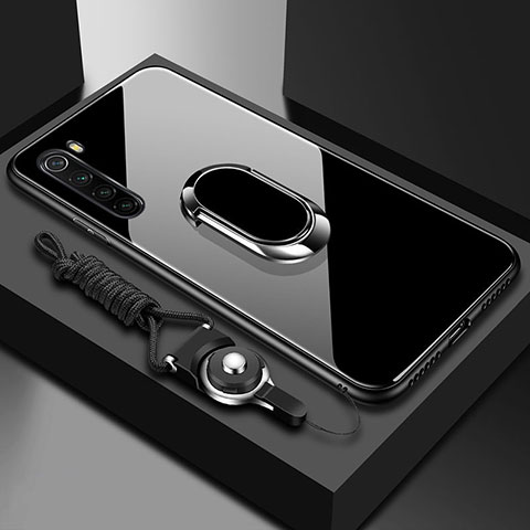 Coque Rebord Contour Silicone et Vitre Miroir Housse Etui avec Support Bague Anneau Magnetique pour Xiaomi Redmi Note 8 Noir