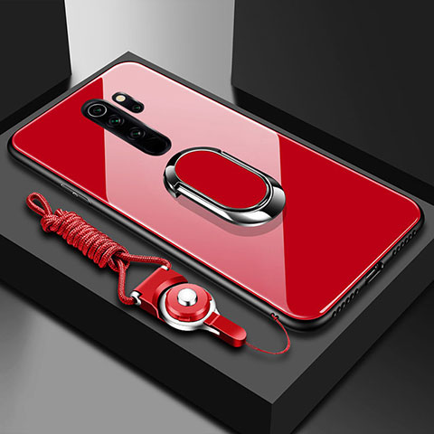 Coque Rebord Contour Silicone et Vitre Miroir Housse Etui avec Support Bague Anneau Magnetique pour Xiaomi Redmi Note 8 Pro Rouge
