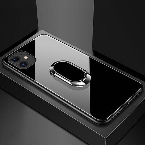 Coque Rebord Contour Silicone et Vitre Miroir Housse Etui avec Support Bague Anneau Magnetique T01 pour Apple iPhone 11 Noir