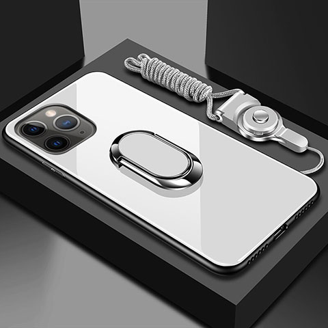 Coque Rebord Contour Silicone et Vitre Miroir Housse Etui avec Support Bague Anneau Magnetique T01 pour Apple iPhone 11 Pro Blanc