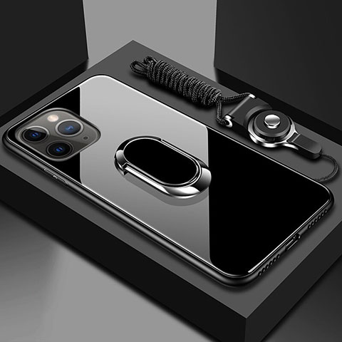 Coque Rebord Contour Silicone et Vitre Miroir Housse Etui avec Support Bague Anneau Magnetique T01 pour Apple iPhone 11 Pro Max Noir