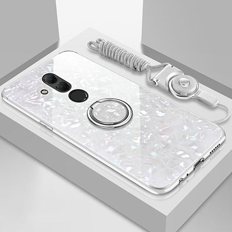 Coque Rebord Contour Silicone et Vitre Miroir Housse Etui avec Support Bague Anneau Magnetique T01 pour Huawei Mate 20 Lite Blanc