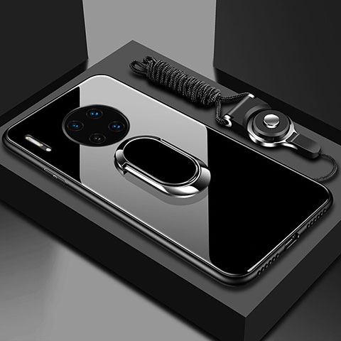 Coque Rebord Contour Silicone et Vitre Miroir Housse Etui avec Support Bague Anneau Magnetique T01 pour Huawei Mate 30 Noir