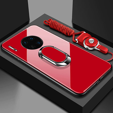 Coque Rebord Contour Silicone et Vitre Miroir Housse Etui avec Support Bague Anneau Magnetique T01 pour Huawei Mate 30E Pro 5G Rouge