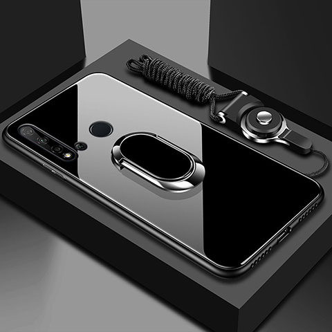 Coque Rebord Contour Silicone et Vitre Miroir Housse Etui avec Support Bague Anneau Magnetique T01 pour Huawei Nova 5i Noir