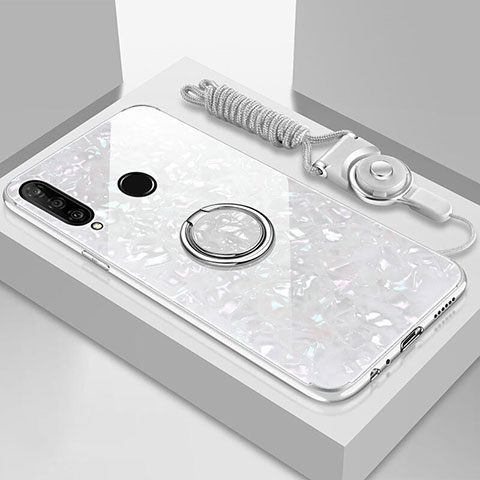 Coque Rebord Contour Silicone et Vitre Miroir Housse Etui avec Support Bague Anneau Magnetique T01 pour Huawei P30 Lite New Edition Blanc
