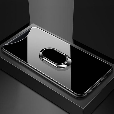 Coque Rebord Contour Silicone et Vitre Miroir Housse Etui avec Support Bague Anneau Magnetique T01 pour Oppo Find X Noir