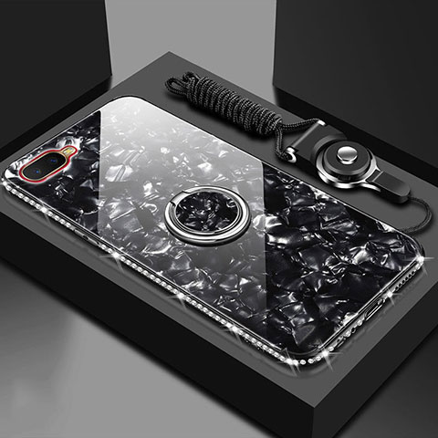 Coque Rebord Contour Silicone et Vitre Miroir Housse Etui avec Support Bague Anneau Magnetique T01 pour Oppo R15X Noir