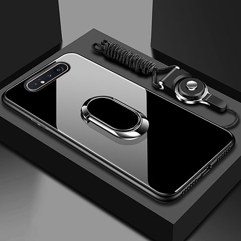 Coque Rebord Contour Silicone et Vitre Miroir Housse Etui avec Support Bague Anneau Magnetique T01 pour Samsung Galaxy A80 Noir