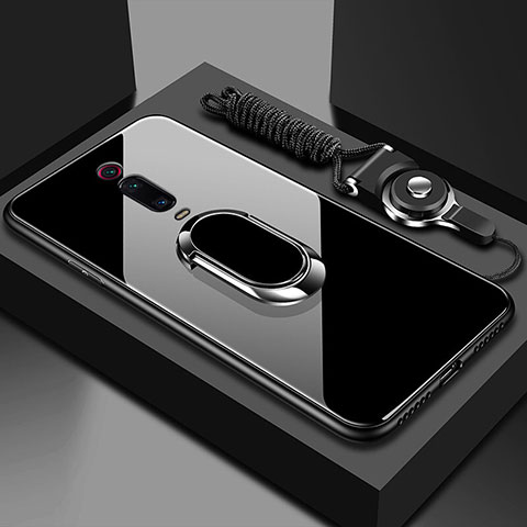 Coque Rebord Contour Silicone et Vitre Miroir Housse Etui avec Support Bague Anneau Magnetique T01 pour Xiaomi Mi 9T Pro Noir