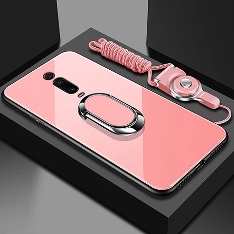 Coque Rebord Contour Silicone et Vitre Miroir Housse Etui avec Support Bague Anneau Magnetique T01 pour Xiaomi Mi 9T Pro Rose
