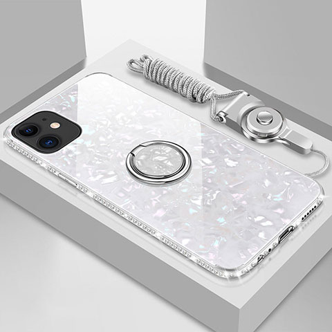 Coque Rebord Contour Silicone et Vitre Miroir Housse Etui avec Support Bague Anneau Magnetique T02 pour Apple iPhone 11 Blanc