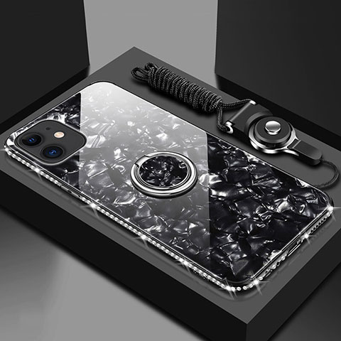 Coque Rebord Contour Silicone et Vitre Miroir Housse Etui avec Support Bague Anneau Magnetique T02 pour Apple iPhone 11 Noir