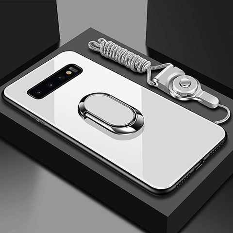 Coque Rebord Contour Silicone et Vitre Miroir Housse Etui avec Support Bague Anneau Magnetique T02 pour Samsung Galaxy S10 Plus Blanc